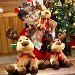 OEM Amazon Hot Sell Cute Soft Christmas Elk Peluche Bambola Renna Alce cù Sciarpa Rossa