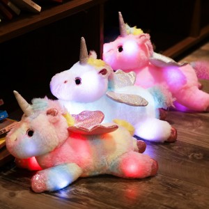 ကလေးများအတွက် အရောင်အသွေးစုံလင်သော Unicorn Plush Doll ညဘက်တွင် လင်းထိန်နေသော အရုပ် Plush ခေါင်းအုံး