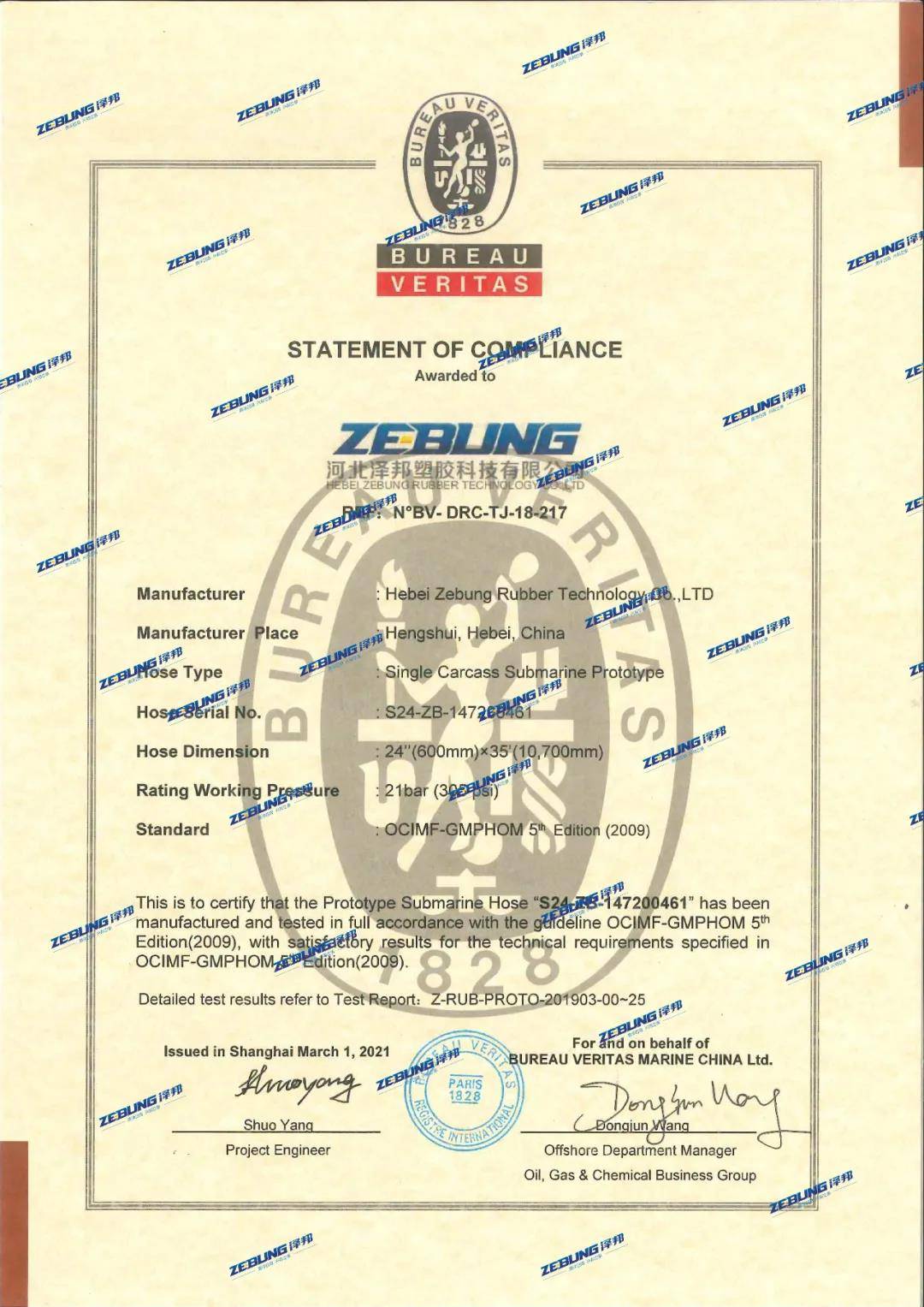 ZEBUNG DN 600mm submarine oil hose and marine floating oil hose have both obtained OCIMF GMPHOM 2009 certificate issued by BV !!!