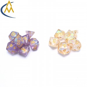 2023 ATQ China Manufacturer Dnd dice new transparent with flash gold purple acrylic dnd dice