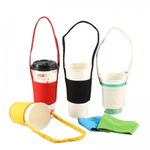 Custom Print Milk Bubble Tea Carrier Holder Take Away Cup Holder Bag Cotton Canvas Cup Sleeve