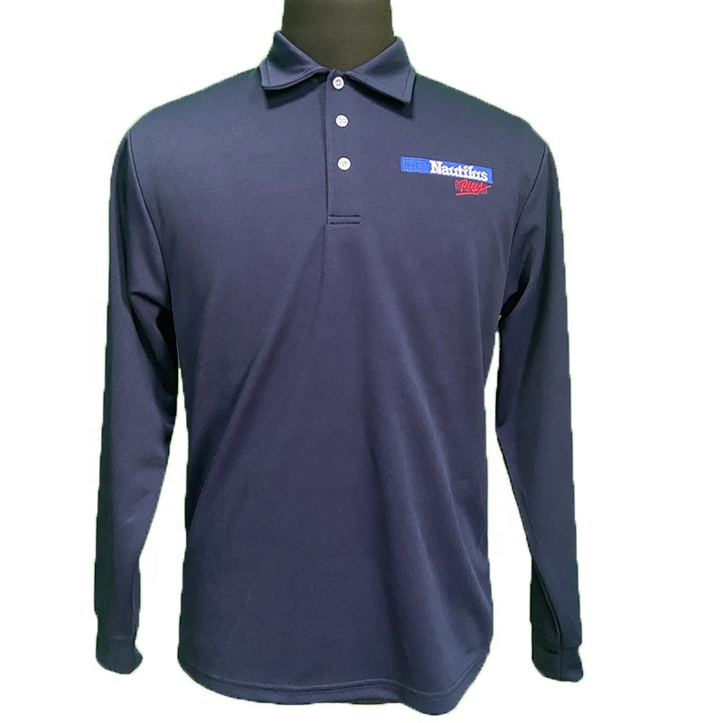 New RPET long sleeve polo shirt polyester embroidery golf shirt in white navy recycled clothing custom logo