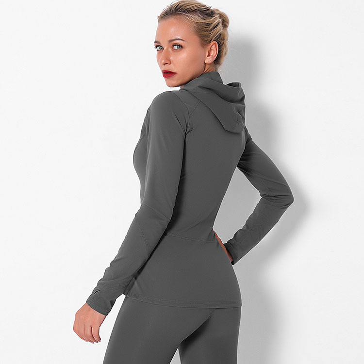 Active Wear Zip Up Nylon And Lycra Yoga Hoodie Gym Sports Fitness Women Casual Jacket with Thumb Holes