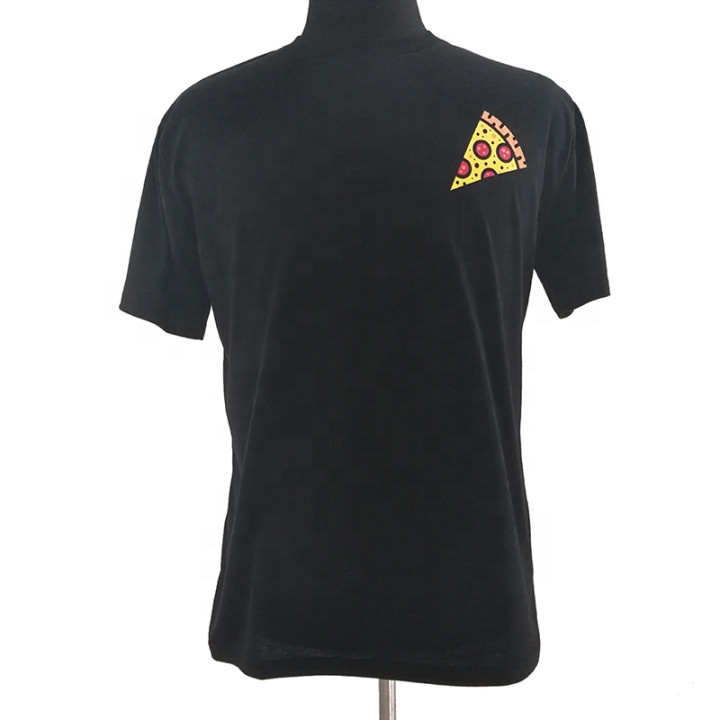 Custom your own logo for restaurant uniform  black pizza pattern t shirt