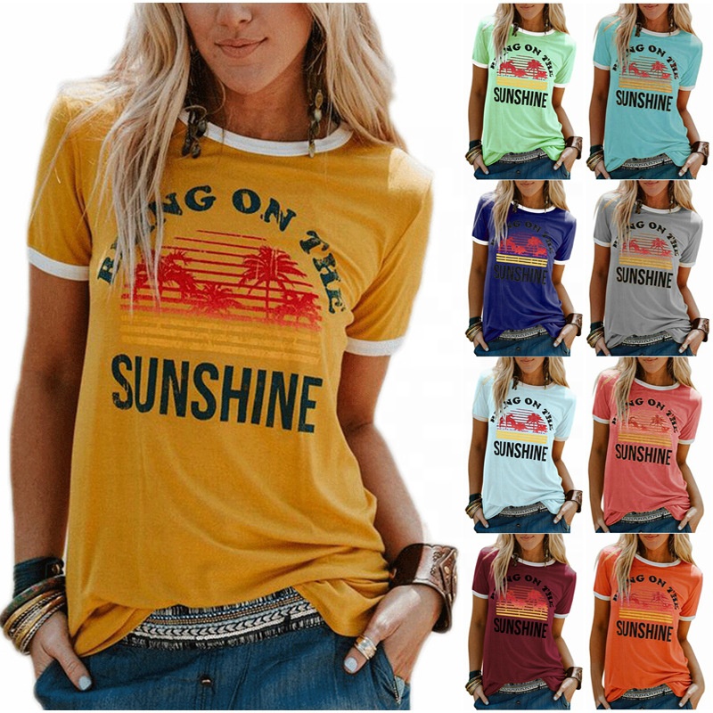 Popular Slim Fit Woman's T-shirts Reglan Sleeve Coconut Tree Printing Crew Neck Fashion Ladies Polyester Cotton T shirt In Stock