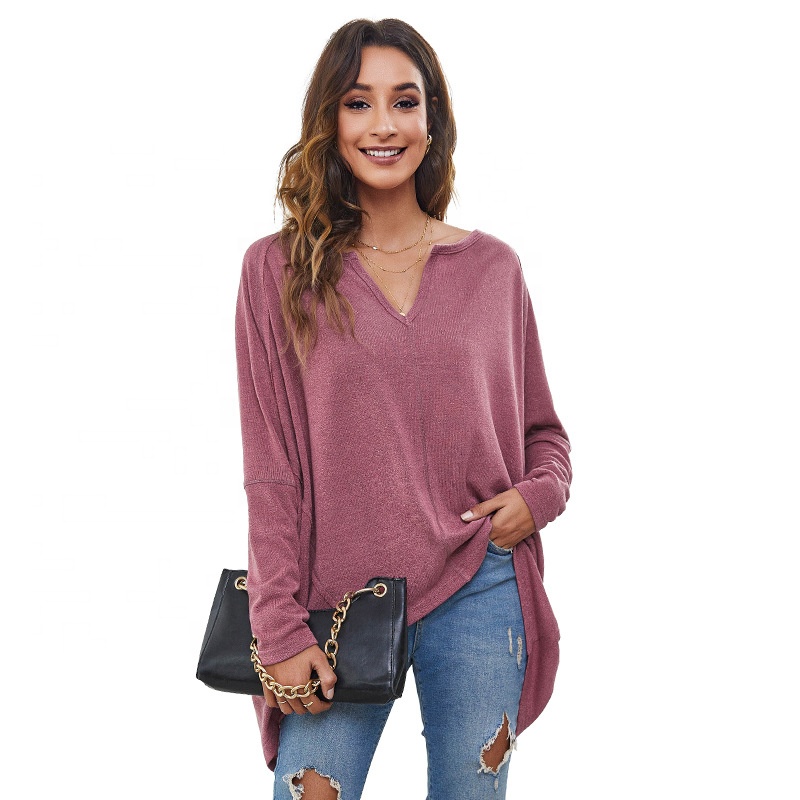 Ready Made Oversize Women's T-shirts Batwing Sleeve Blouse Drop Shoulder Long Sleeve V Neck Leisure Fashion Tops