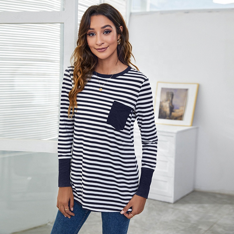 Trending women long sleeve striped t shirt with pockets fashion contrast color solid color ladies tops custom logo