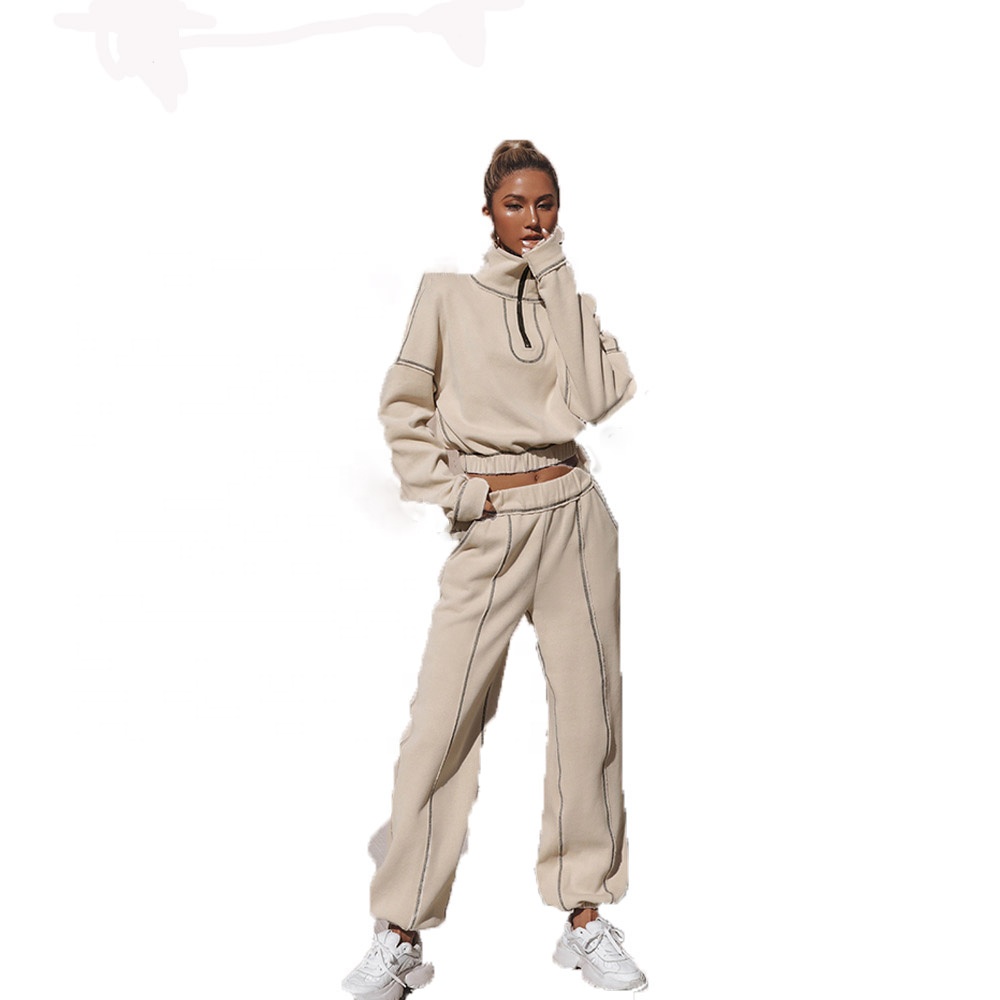 New Arrival Women Jogger Tracksuit Fashion Casual Sport 2 Pieces Sets Poly Stand Collar Zipper High Waist Tops &Sweatpants