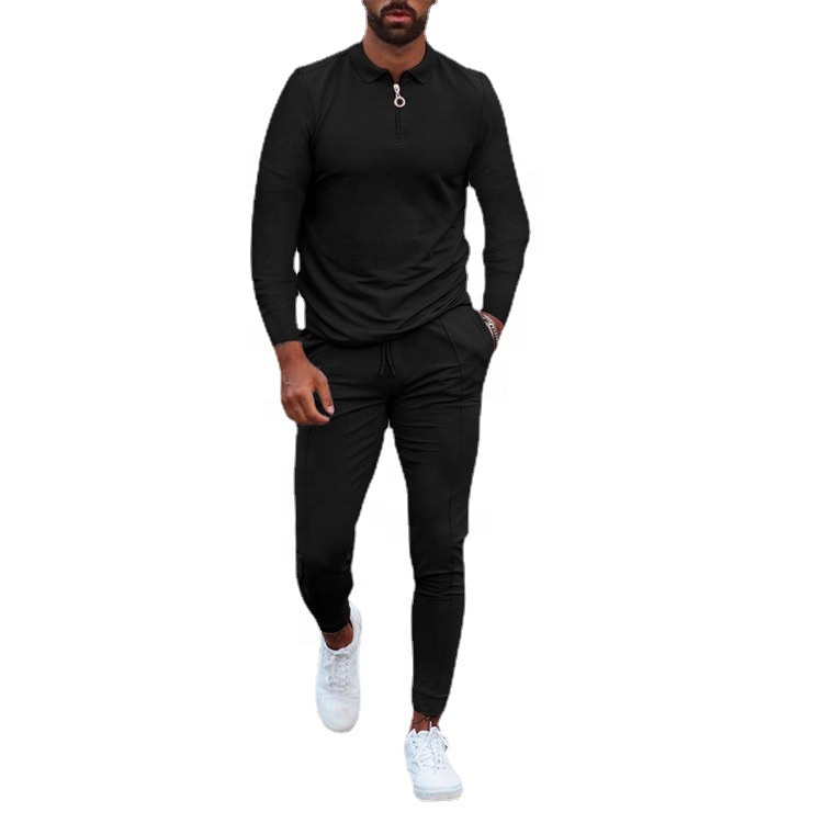 Wholesale Long Sleeve Polo Shirt Sets Plain Men's Slim Fit Polo 2 Pieces Sport Wear Half Zipper Golf Fitness Set Custom Logo