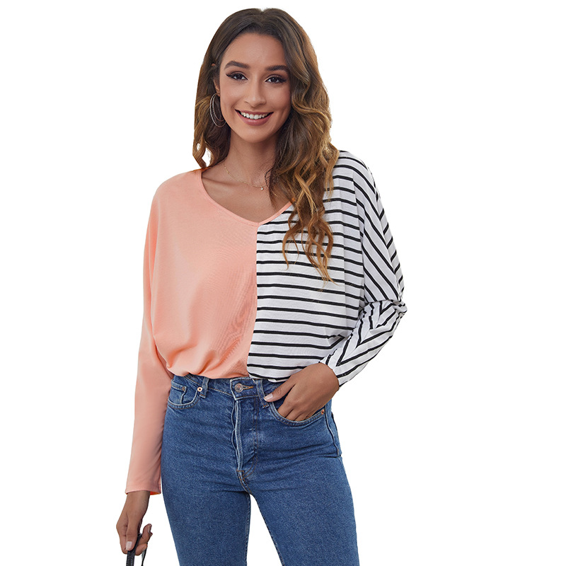 High quality Long Sleeve Branded Striped V-Neck T Shirts For Women