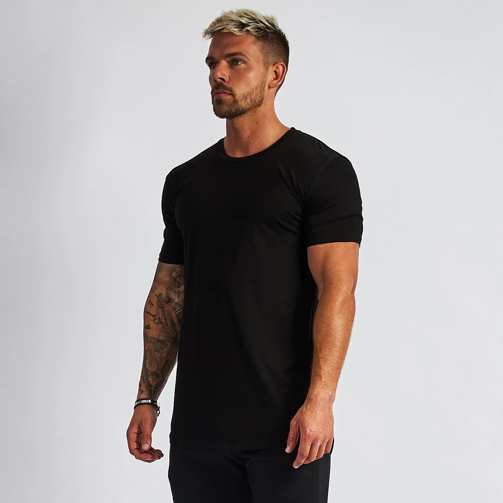 High quality 95% Cotton 5% Elastane Gym T-shirts Men's Slim Fitted Curved Hem Crew Neck Short Sleeve Muscle Fitness Tee