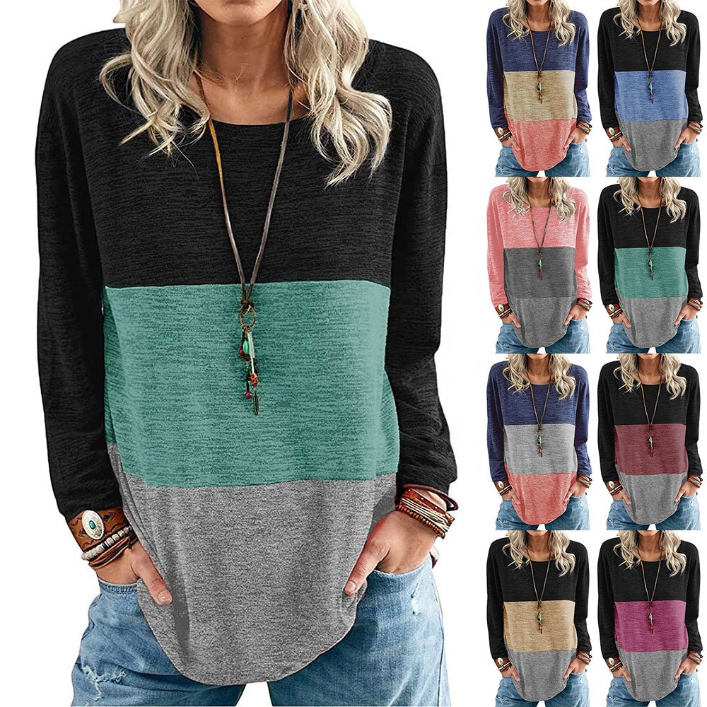 Fashion Splicing Color T-shirt Long Sleeve Heather Woman's Lady Loose Plus Size Tshirts Polyester Cotton Promotion Ladies Tops