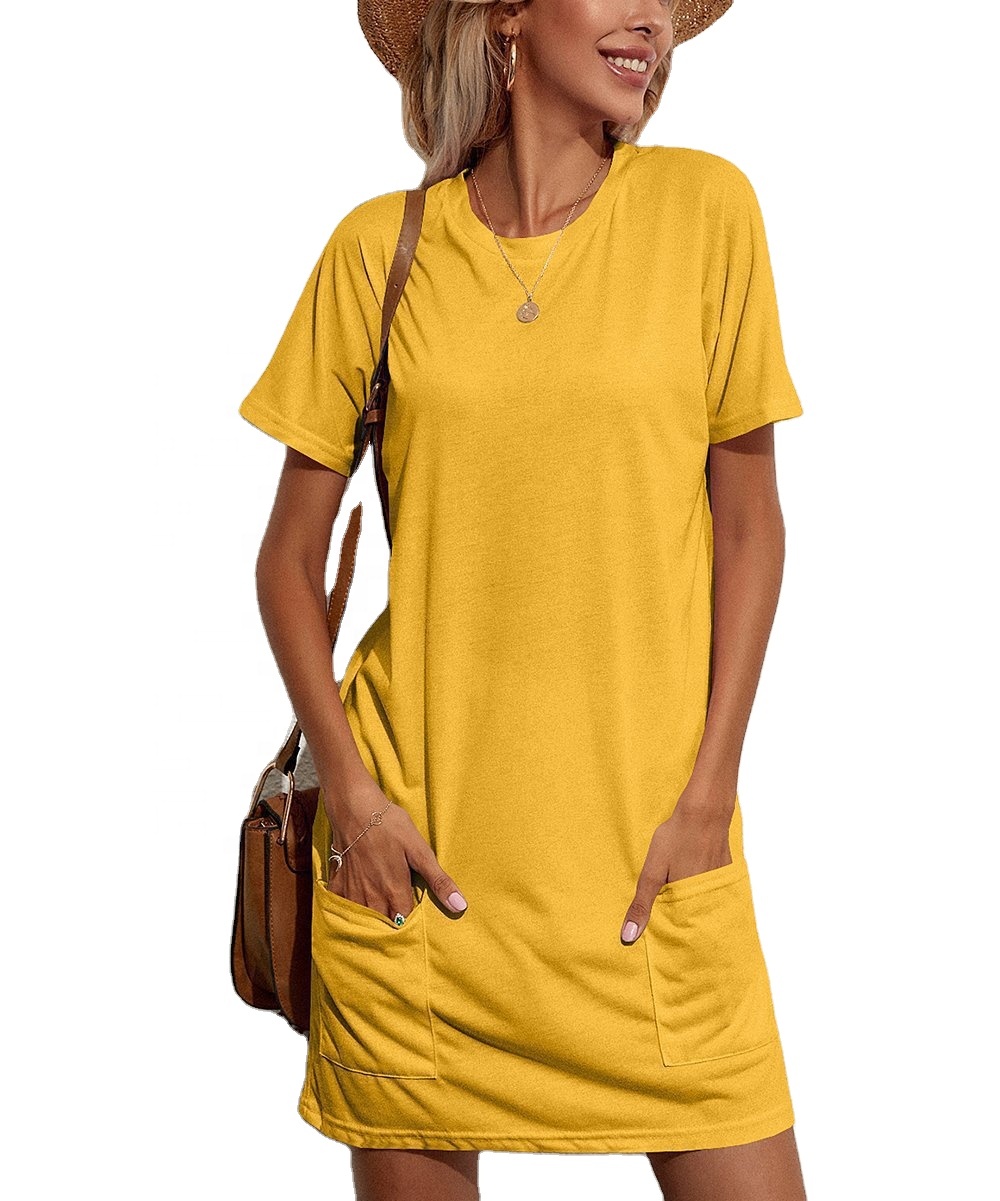 Low moq summer women's dresses with pockets polyester spandex plain short sleeve t shirt dress custom logo