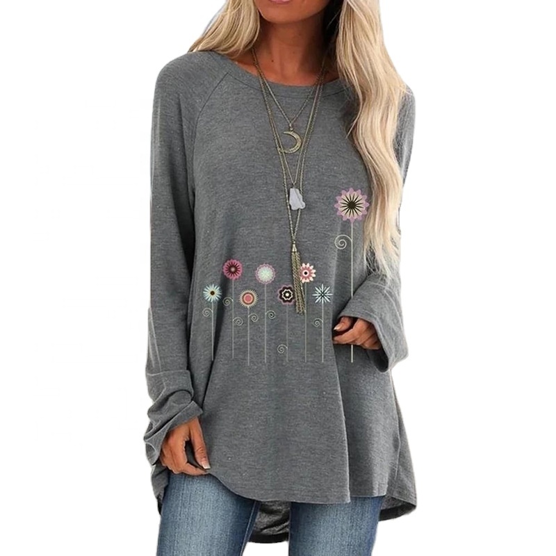 Hot selling spring long sleeve graphic t shirt for women female girls plus size printed scoop neck t-shirts