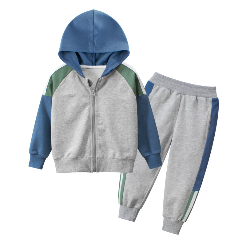 Fashion colorblock cotton zip up hoodie sweatshirts set for kid boys