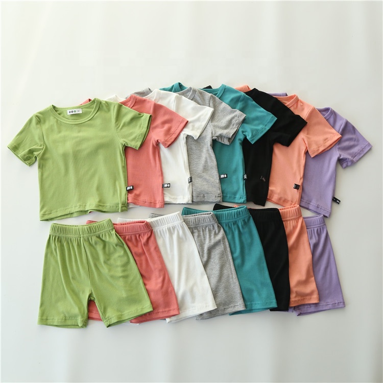 Bulksale Kids Pajamas Set Ribbed Plain Boys Girls T-shirts & Shorts Suits Ribbed Soft Home Wear 100%Cotton Nightclothes