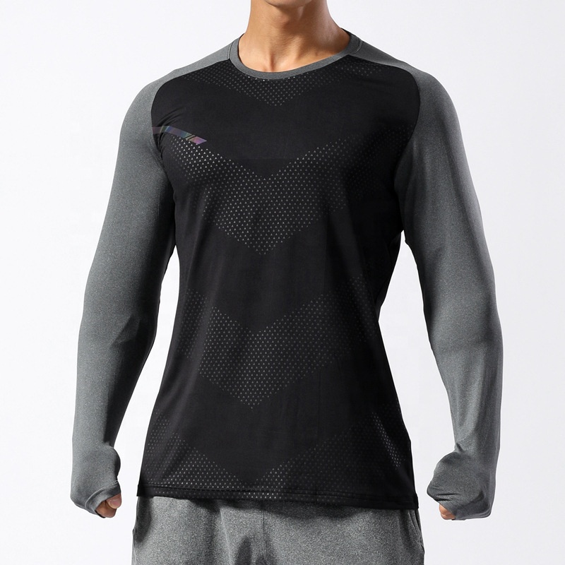 Hot Sale Long Sleeve Gym T shirt Contrast Color Smart Fabric Breathable Sport Fitness Plus Size Men's T-shirts High Elastic