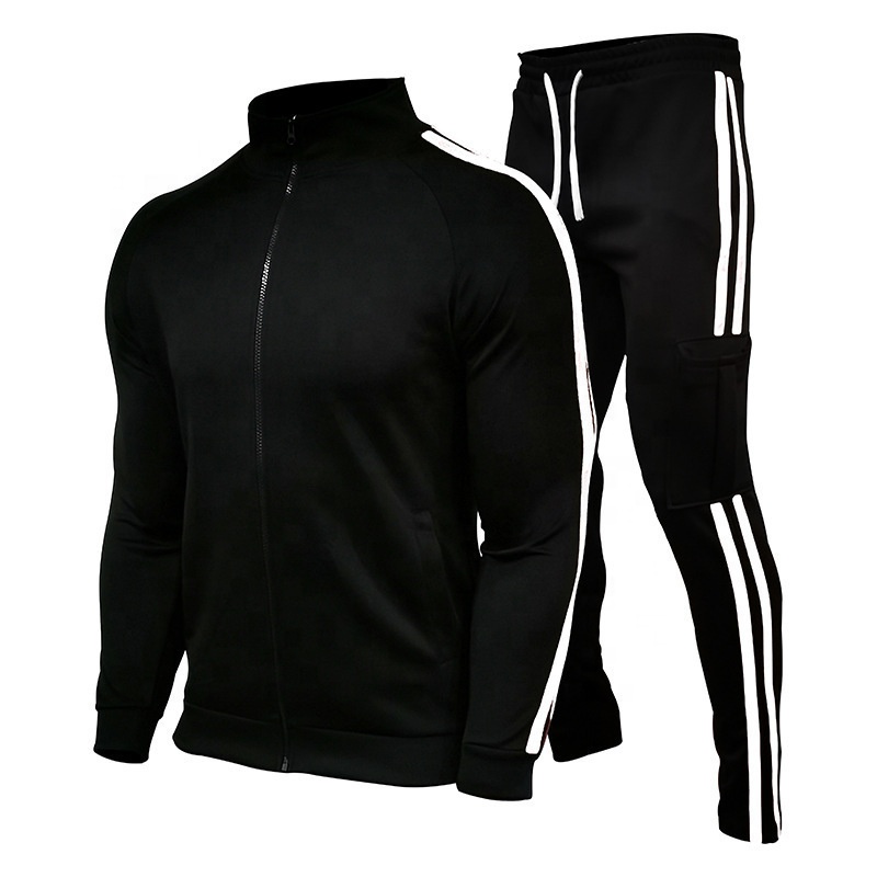 Casual Plus Size Men's Jogging Sport Set with Three Stripes Stand Collar Zipper Workout Sports Suit Outdoor Running Sets Custom