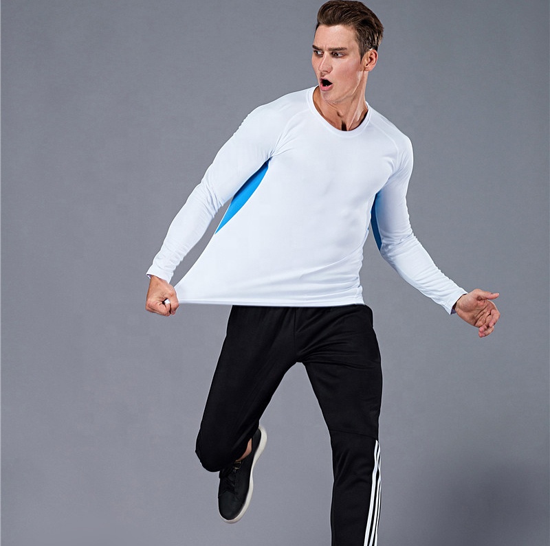 High quality men fitness t shirts sport breathable spliced panel running football basketball spandex long sleeve gym workout tee