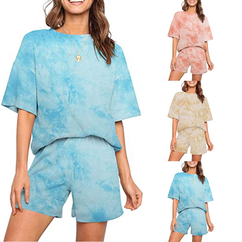 New Trend Ribbed T-shirt & Shorts Set Cool Tie Dyed Printing Women's Sport Suits Summer Casual Home Wear Pajama Sets
