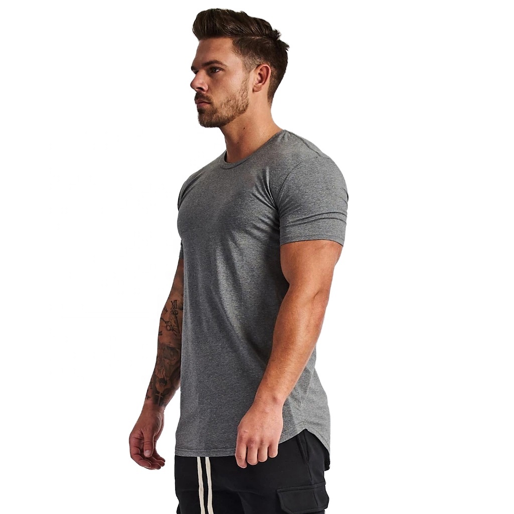 New Trend Men's Longline T-shirts Soft Touch Cotton Spandex Muscle Men Tops Curved Hem Long Line Body Fitness Tshirts