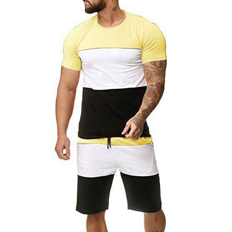 Contrast color mens track suits custom logo low moq 1set plus size sports wear short sleeve t shirt & shorts