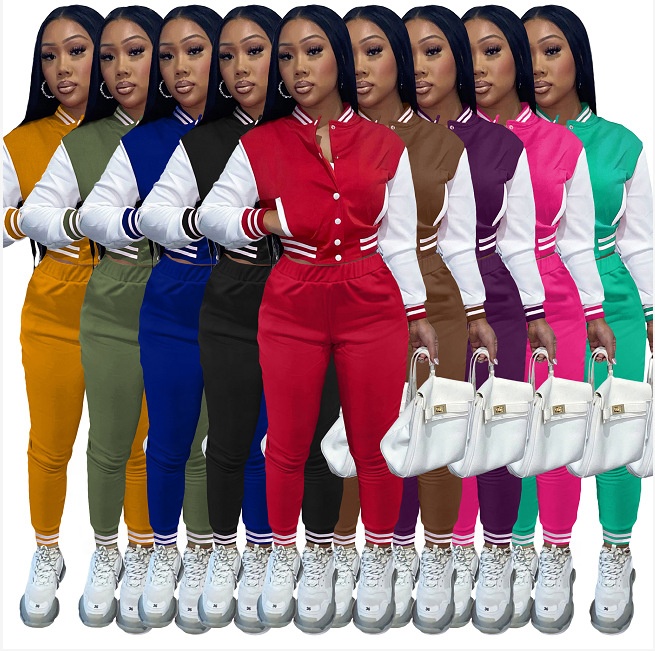 Woman's Baseball Jacket Sets Casual Contrast Color Sport Suits Single-breasted High Waist Crop Top Yarn Dyed Two Pieces Set
