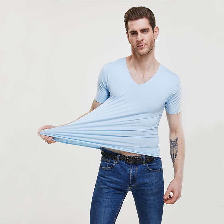 Men's v neck casual t shirt bulk polyester slim fit elastic body fit t-shirt cheap wholesale 1.00 USD