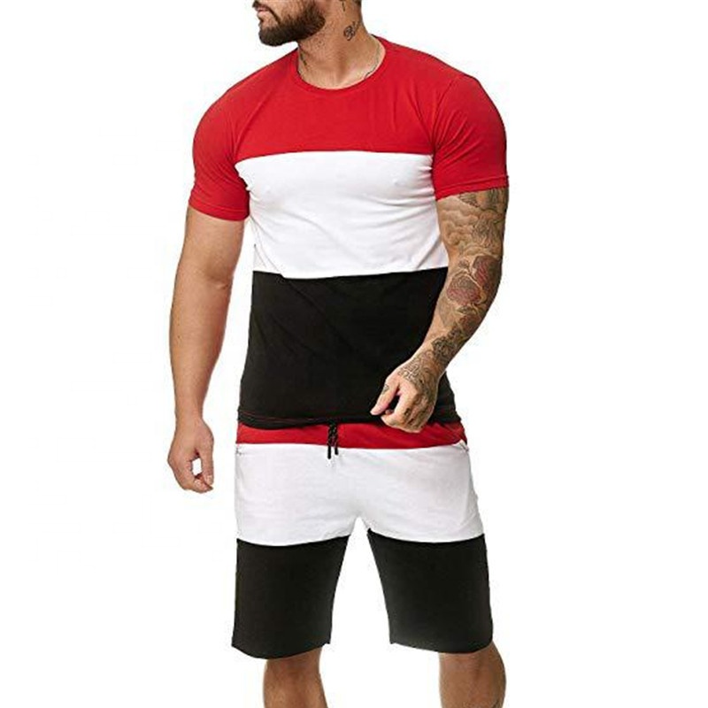 Striped T-shirt&Shorts 2-piece Set Casual Men's Sport Tracksuits Contrast Color Gym Jogging Set Running Clothing for men