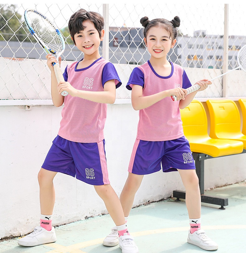 Wholesale Children Sport Wear 2 Piece Sets Quick Dry Mesh Contrast Color Boys & Girls Running Exercise Tracksuits Sports Suit