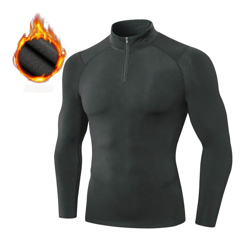 Long Sleeve Men's Brushed Sweatshirts Close Fit Stand Collar Gym Workout Tops Seamless Polyester Spandex Fleece Exercise Sweater