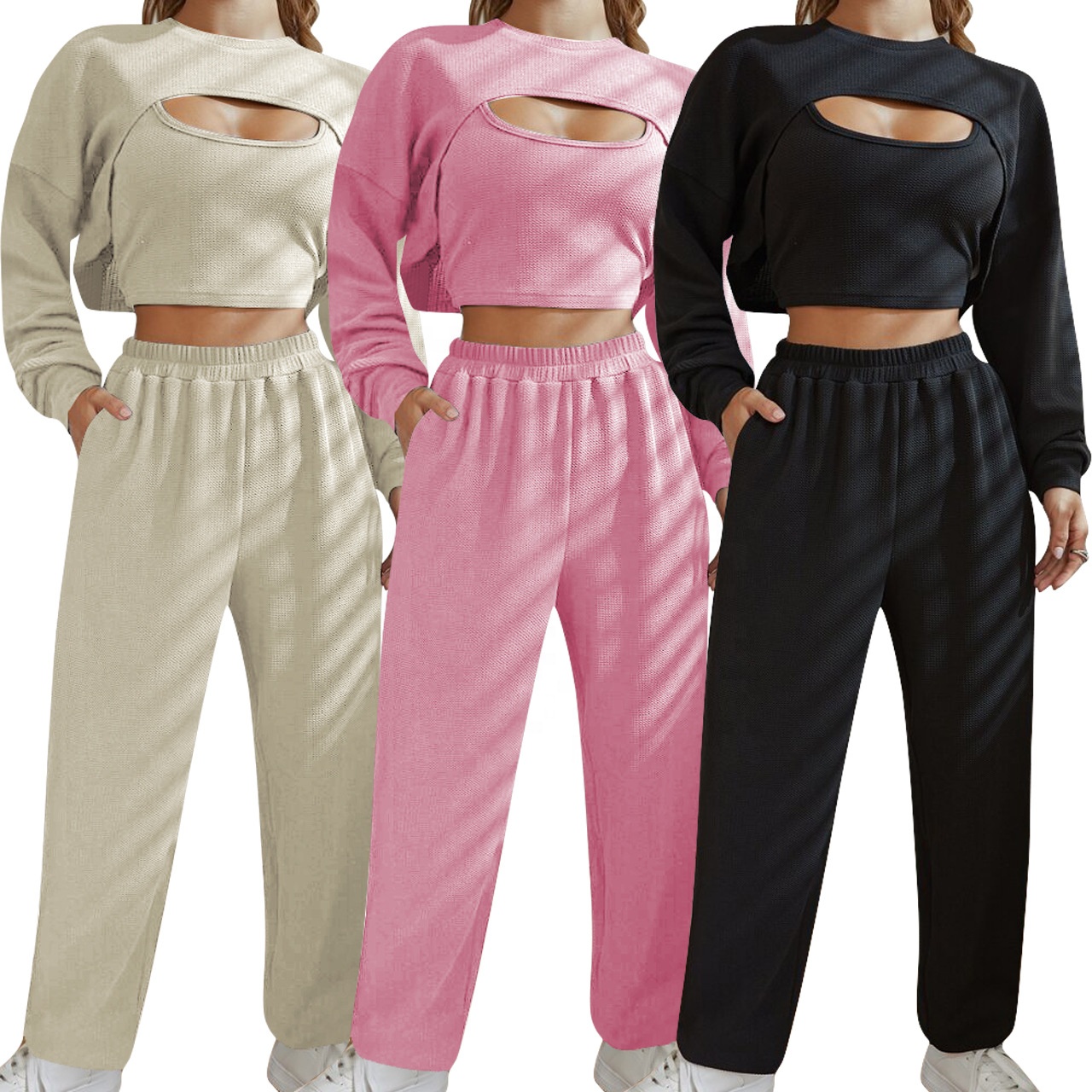 Top sell 3 piece jogging sets walf checks sport wear tracksuits fashion sexy sweat suit for women female ladies