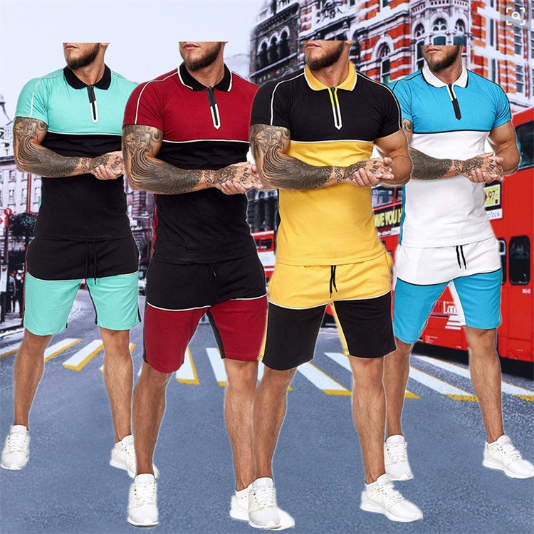 Contrast Color Splicing Polo Shirt Set Summer Gym Workout Golf 2-piece Tracksuit Quick Dry Sport Wear Zipper Polo & Shorts