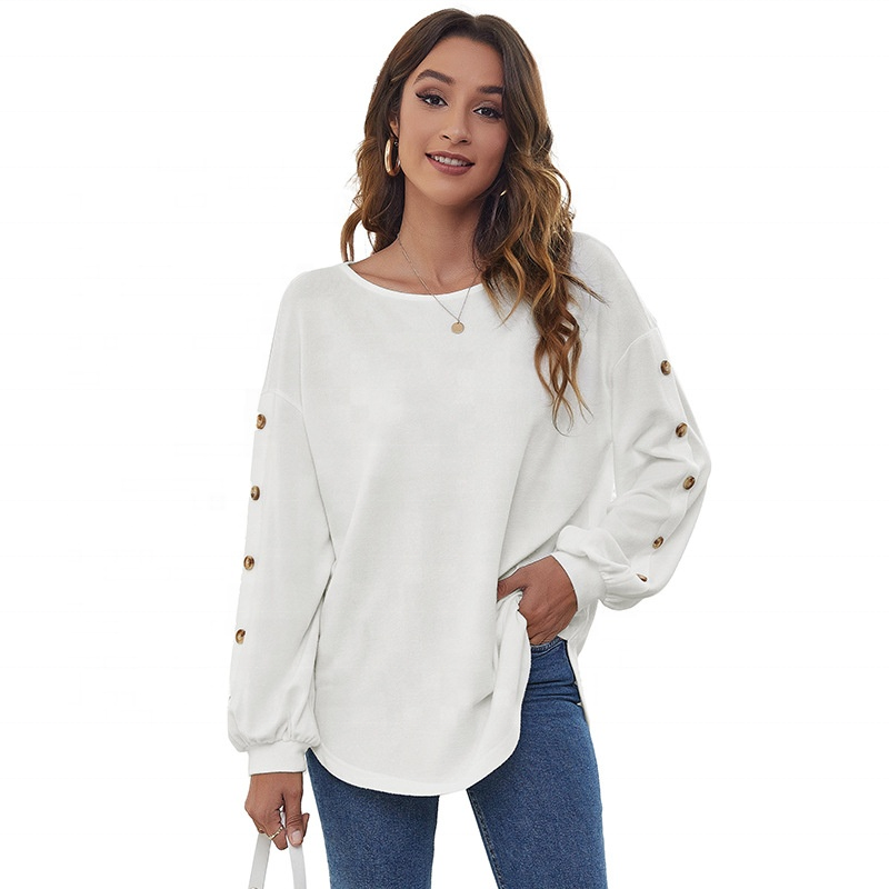 Oversized Curved Hem Women's T-shirts with Buttons Puff Sleeve Crew Neck Fashion Spring Lady Sweatshirts Promotion Casual Tops