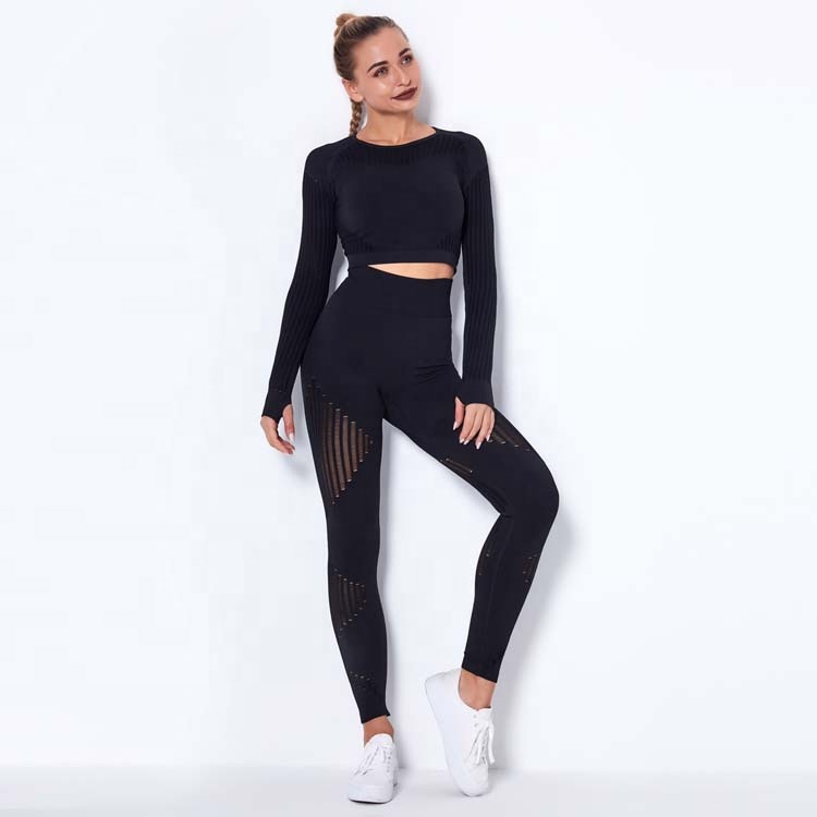 High quality long sleeve women's yoga sets soft elastic tops & leggings sport gym outdoor running clothing suits