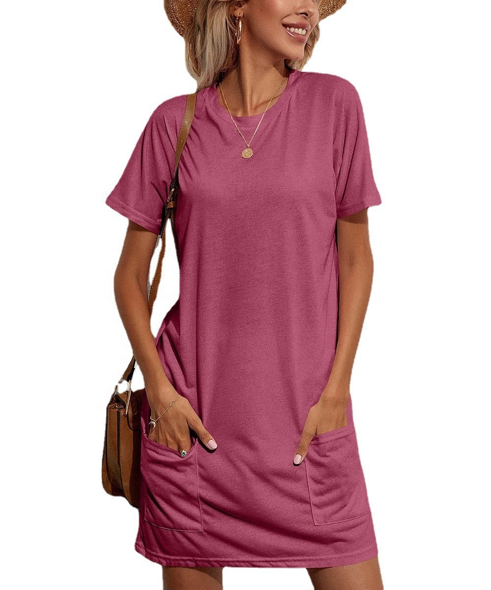 Hot Sale Casual Women's Dresses with Double Pockets Loose O Neck T-shirt Dress Skirts