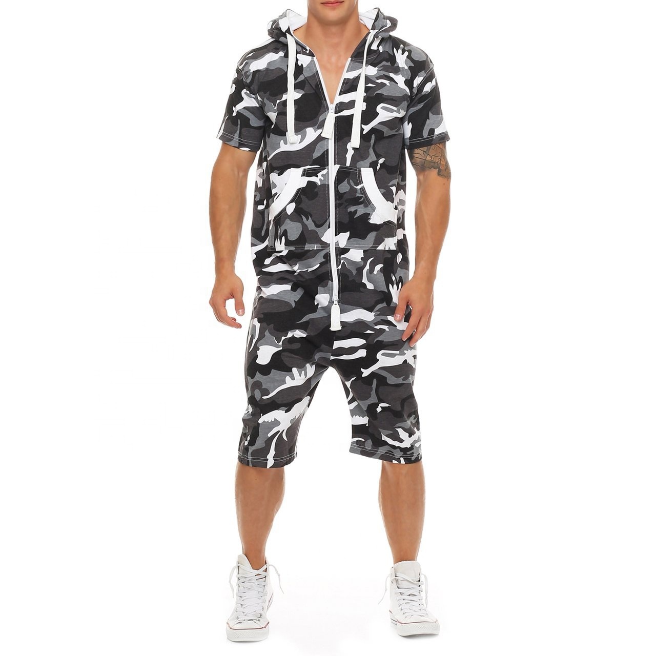 Fashion Men's Tracksuit Set Camouflage Zipper Hooded Jogging Sets Poly Cotton T-shirts & Shorts 2 pcs suits