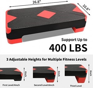 BLACK-RED Adjustable Workout Aerobic Stepper, Aerobic Exercise Step Platform with 4 Risers, Exercise Step Deck for Fitness, 3 Levels Adjust 4″ – 6″ – 8″ Height, 26.77″ Trainer Stepper with Non-Slip Surface Home Gym & Extra Risers Options