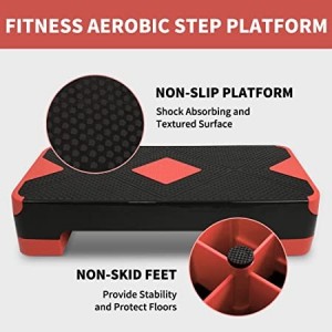 BLACK-RED Adjustable Workout Aerobic Stepper, Aerobic Exercise Step Platform with 4 Risers, Exercise Step Deck for Fitness, 3 Levels Adjust 4″ – 6″ – 8″ Height, 26.77″ Trainer Stepper with Non-Slip Surface Home Gym & Extra Risers Options