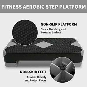 BLACK-GRAY Adjustable Workout Aerobic Stepper, Aerobic Exercise Step Platform with 4 Risers, Exercise Step Deck for Fitness, 3 Levels Adjust 4″ – 6″ – 8″ Height, 26.77″ Trainer Stepper with Non-Slip Surface Home Gym & Extra Risers Options