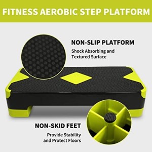 BLACK-FLUORESCENT GREEN Adjustable Workout Aerobic Stepper, Aerobic Exercise Step Platform with 4 Risers, Exercise Step Deck for Fitness, 3 Levels Adjust 4″ – 6″ – 8″ Height, 26.77″ Trainer Stepper with Non-Slip Surface Home Gym & Extra Risers Options