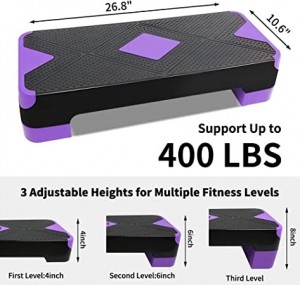 BLACK-PURPLE Adjustable Workout Aerobic Stepper, Aerobic Exercise Step Platform with 4 Risers, Exercise Step Deck for Fitness, 3 Levels Adjust 4″ – 6″ – 8″ Height, 26.77″ Trainer Stepper with Non-Slip Surface Home Gym & Extra Risers Options