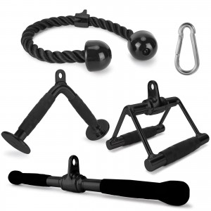CABLE ATTACHMENT SET OF 4 D HANDLE, V HANDLE WITH ROTATION, ROTATING BAR, TRICEP ROPE, V-SHAPED BAR – BLACK