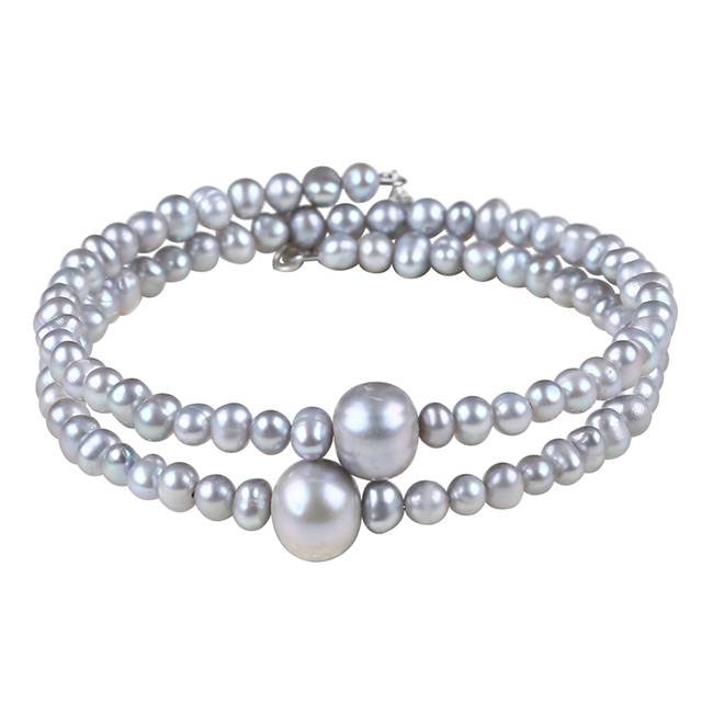 2 Rows Round Pearl Bracelet Grey Freshwater Pearl Bangle Bracelet Cuff Coil For Wedding Bride, Sterling Silver,PB008