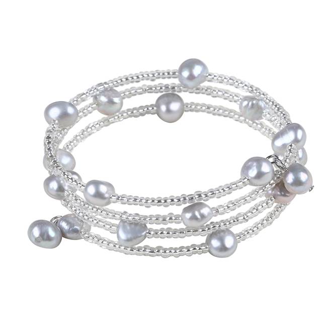 Freshwater Pearl & Glass Beaded 3 Row Bracelet, Sterling Silver, PB005
