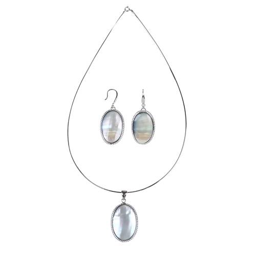 15x25mm AAA Natural Oval White Mabe Pearl 925 Sterling Silver Pendent &Hook Earring Jewelry Set,SET005