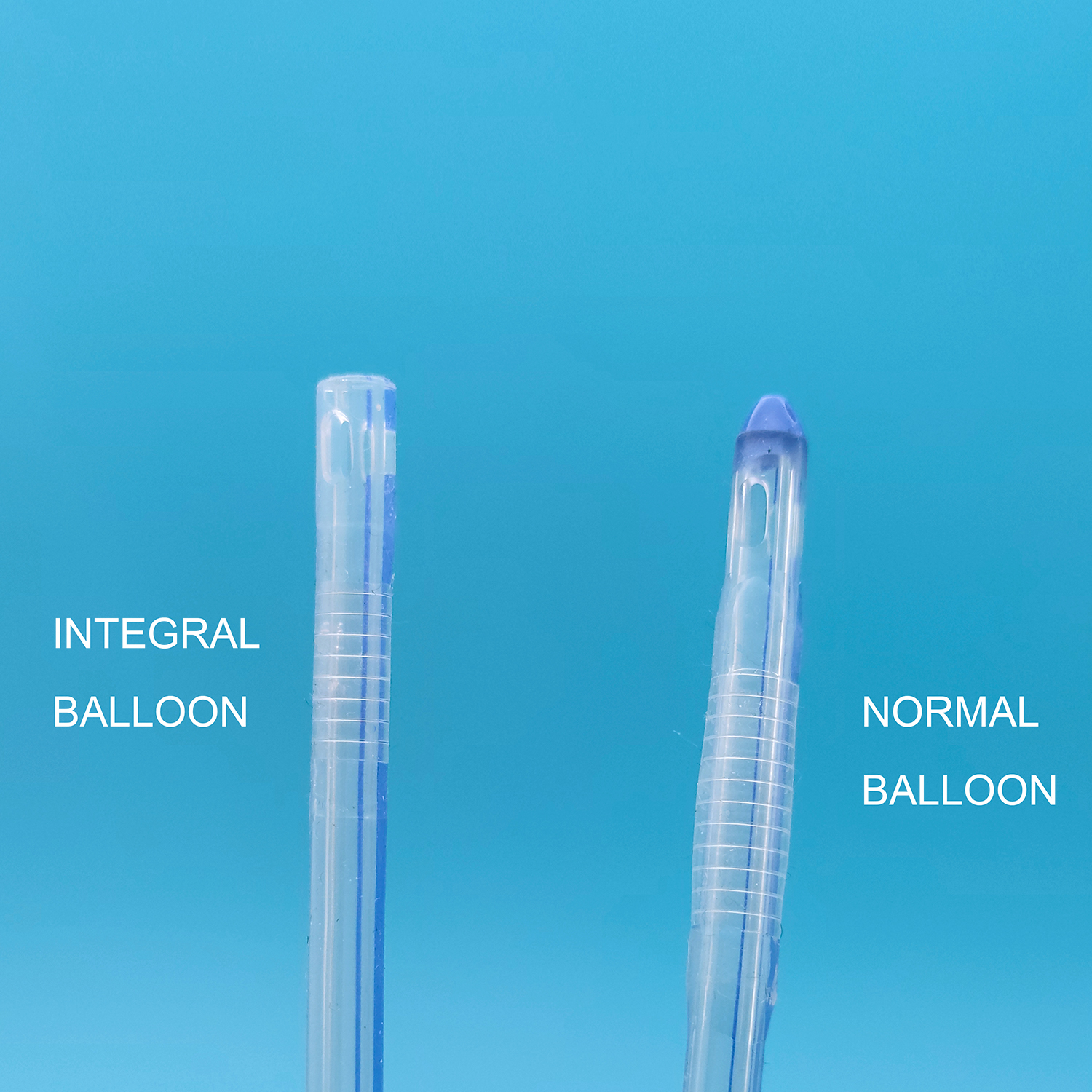 2 Way Mai Fassara ko Blue Silicone Foley Catheter tare da Unibal Integral Balloon Fasaha Haɗaɗɗen Flat Balloon Tsakiya Buɗaɗɗen Amfani da Suprapubic