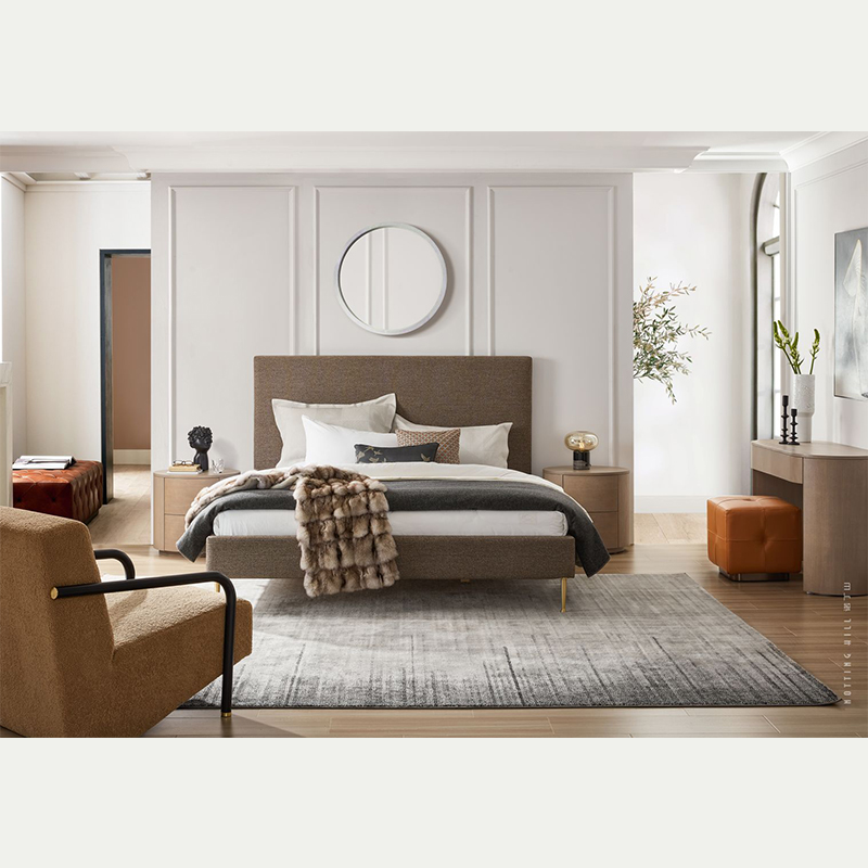 Luxusná drevená posteľ s moderným dizajnom a medenými nožičkami