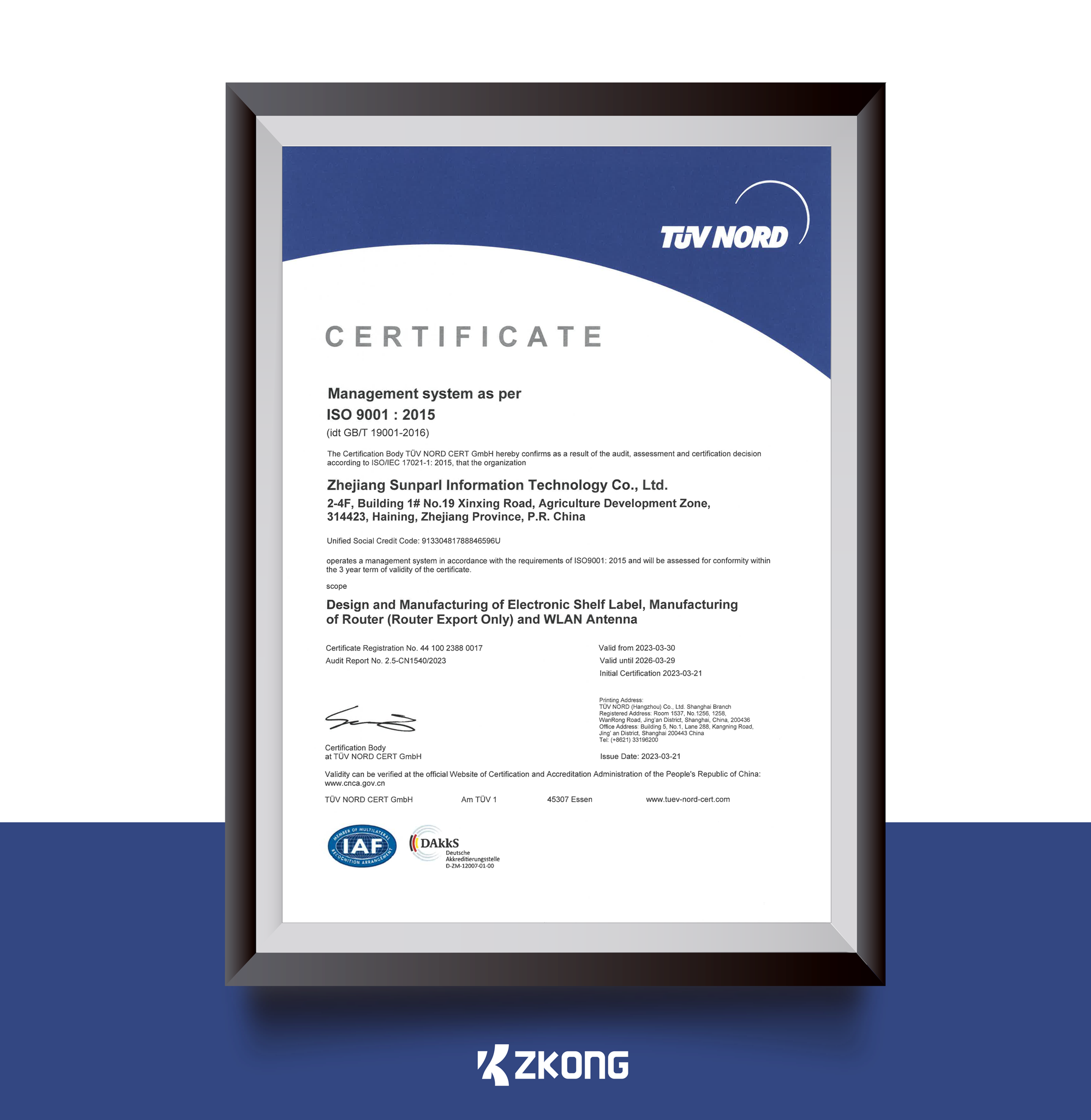 Zkong’s Parent Company Sunparl Attains ISO 9001:2015 Certification