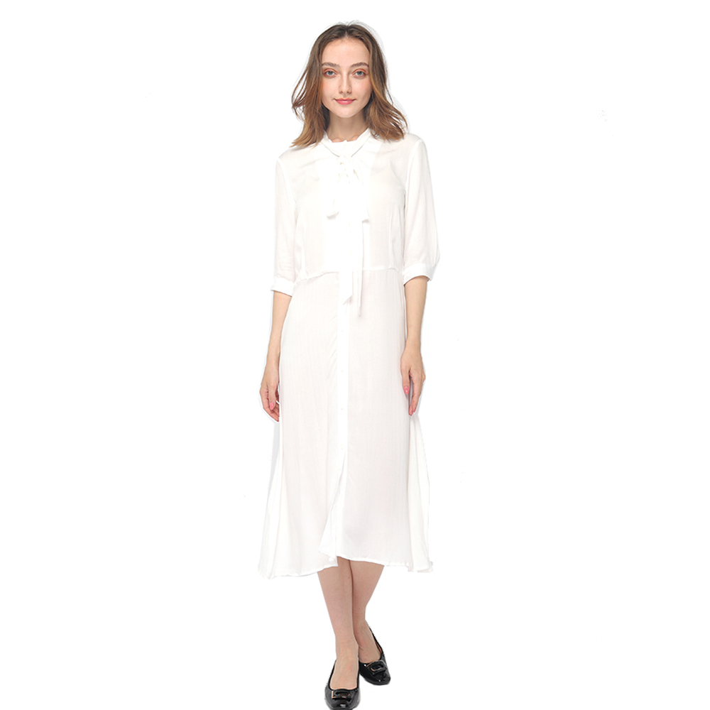 2020 modern smooth rayon jacquard shirt neck long sleeve belted dress women wholesale